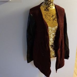 Burgandy cardigan with half pleather arms